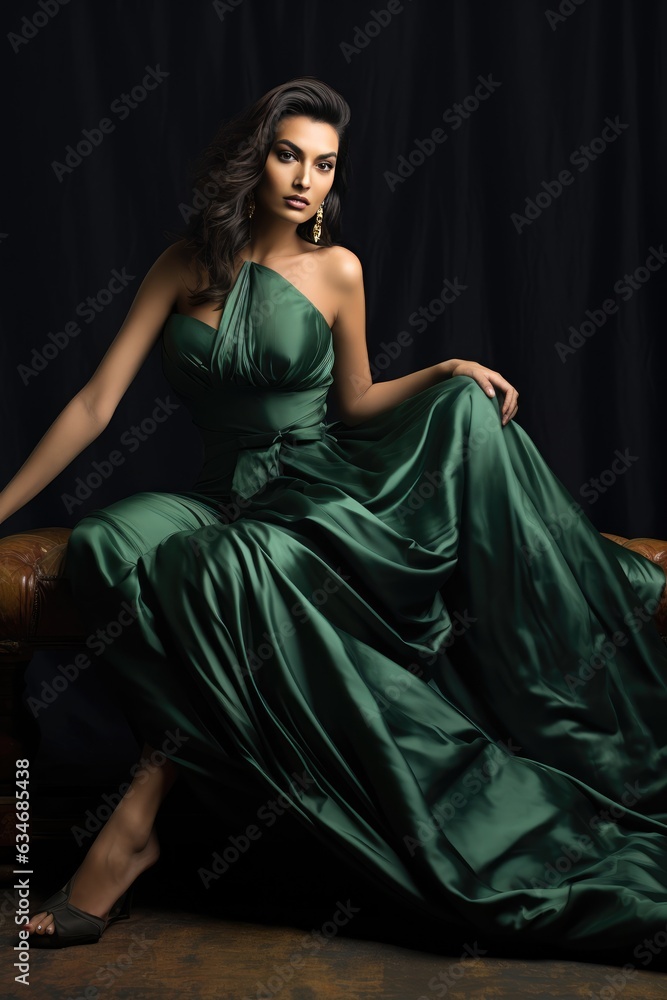 A woman in a stunning green gown posing on a chair. A fictional character created by Generated AI