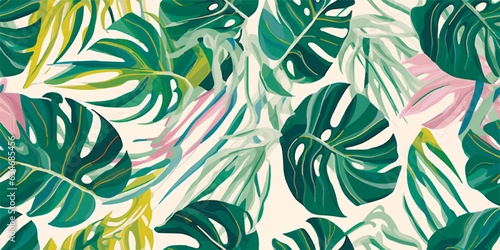 Monstera leaf seamless pattern, hand drawn botanical, spring and Summer time, green style, natural ornaments for textile, fabric, wallpaper, background