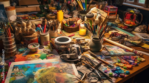 A desk full of drawing and painting tools