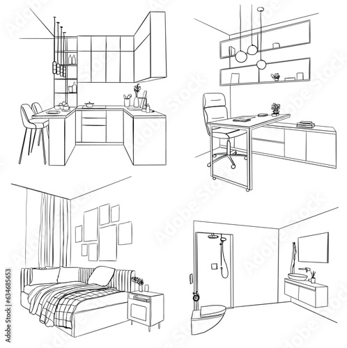 Set of interior: living room, bathroom, kitchen, bedroom sketch