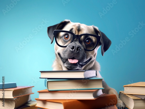 Adorable dog in glasses, with a stack of books as his sidekick, positioned in front of a colorful blue background, creating a picture that combines humor and intellect.