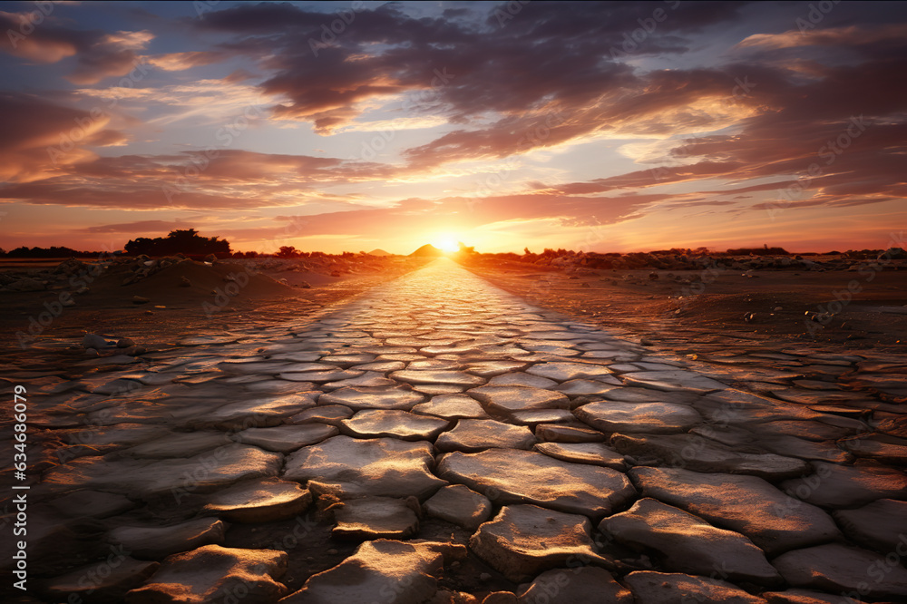 Captivating Sunset over Broken Roads in the Desert Background.. created with Generative AI Captivating Sunset over Broken Roads in the Desert Background.. created with Generative AI