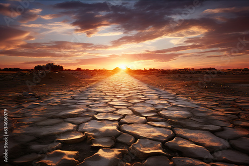Captivating Sunset over Broken Roads in the Desert Background.. created with Generative AI