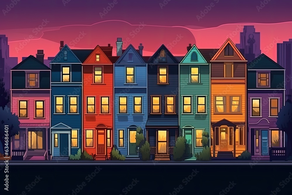 vibrant night town, city street with different colored buildings, detailed miniatures illustration