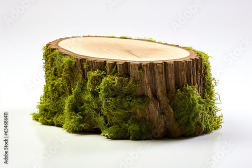 Close-Up of Wooden Saw Cut with Vibrant Green Moss Isolated on White Background. created with Generative AI