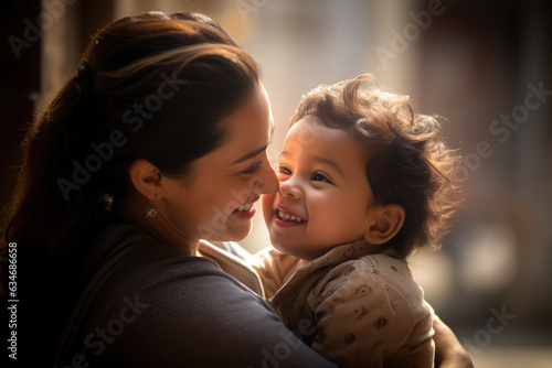 A woman's face lights up with a warm smile and looking affectionately at her child. They share a joyful moment, embodying matural love.