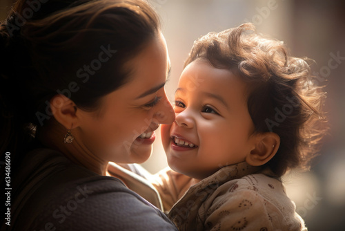 A woman's face lights up with a warm smile and looking affectionately at her child. They share a joyful moment, embodying matural love.