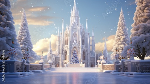 serene view of a cathedral adorned with christmas decorations cartoon style