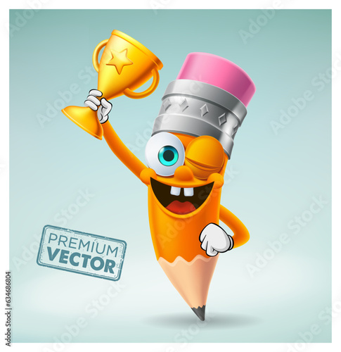 Cup lifter, champion, winking, Cute Pencil character cartoon vector, back to school