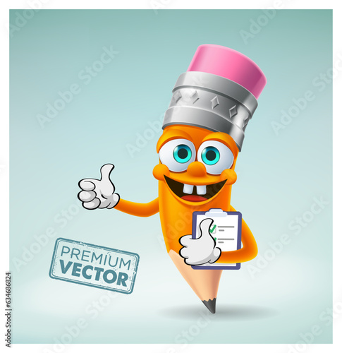 Cute Pencil character cartoon vector holding file and making okey sign, back to school