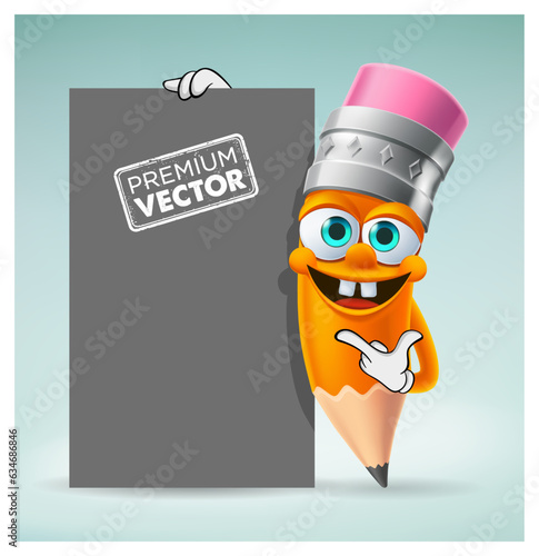 Cute Pencil character cartoon vector standing next to billboard poster banner, back to school