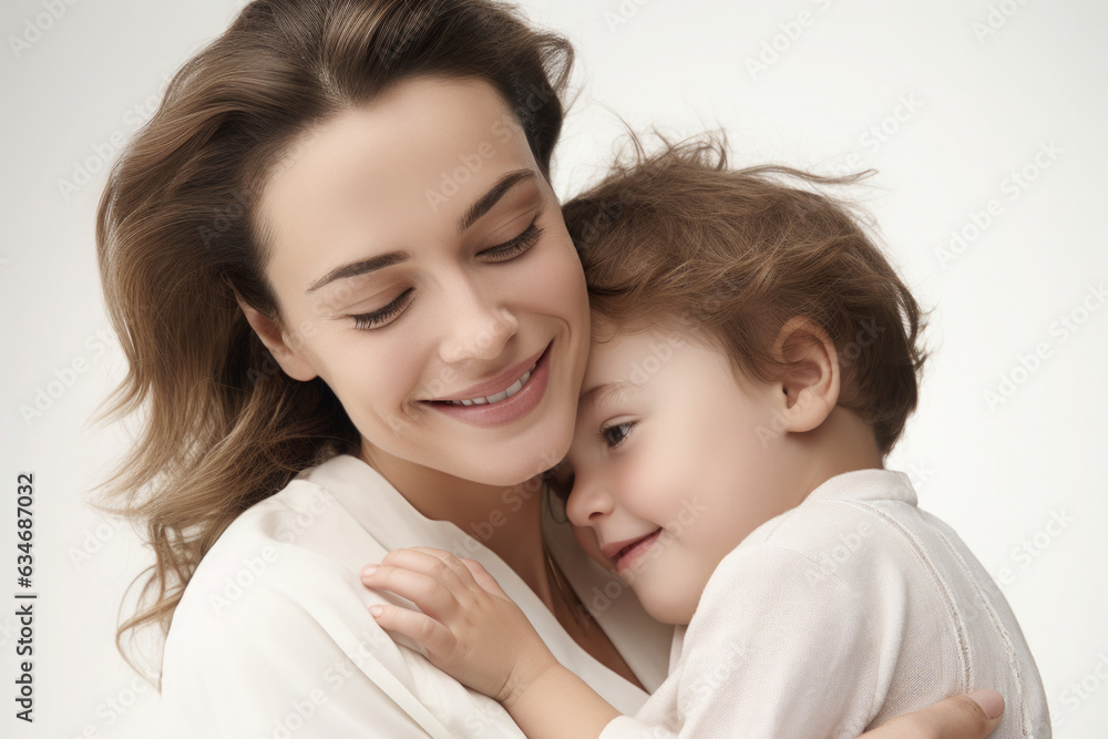 A business woman's face lights up with a warm smile and looking affectionately at her child. They share a joyful moment, embodying harmony of professional success and matural love.