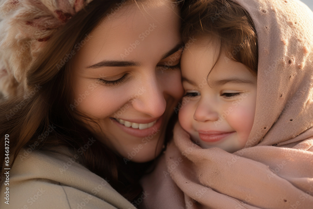 A woman's face lights up with a warm smile and looking affectionately at her child. They share a joyful moment, embodying matural love. A woman's face lights up with a warm smile and looking affectionately at her child. They share a joyful moment, embodying matural love.