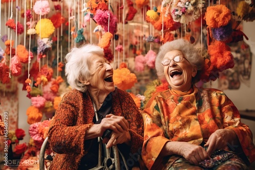 Two old grandmothers are sitting on a bench laughing