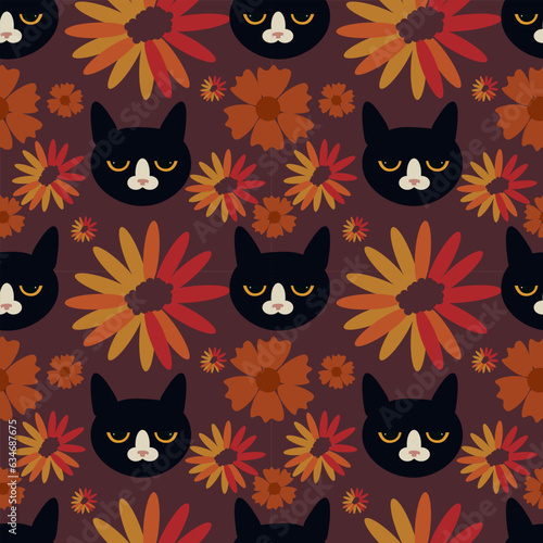 Cat and flower vector ilustration seamless patern.Great for textile,fabric,wrapping paper,and any print.