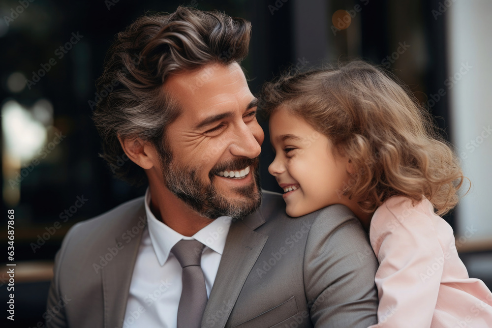 business man's face lights up with a warm smile and looking affectionately at his child. They share a joyful moment, embodying harmony of professional success and patural love of a father