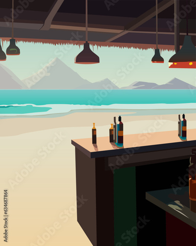 color vector illustration depicting the view from the beach bar to the sea for the design of banners, posters and scenes on the theme of leisure and travel