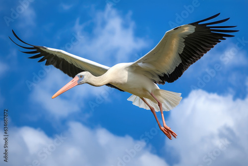 Stork in flight on blue sky