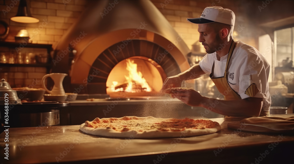 An expert chef prepares pizza in a wood-fired oven An expert chef prepares pizza in a wood-fired oven