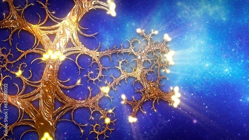 Gold fractal sacred geometry vine growing over blue stars space background. The last 8 seconds are loopable. photo