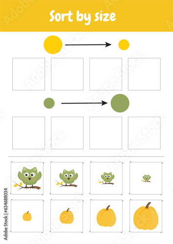 Match by size. Sort by size. Size sorting game. Kindergarten logic kid lessons, skill play puzzle for kids. Logical games for preschool, kindergarten learning, homeschooling. Autumn objects.