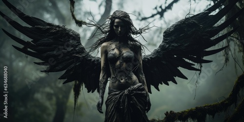 Female fallen angel covered in dirty mud and black oil with tarred wings, creepy swamp shrouded in thick fog, feelings of sorrow and despair, hopeless and forgotten outcast - generative AI  photo