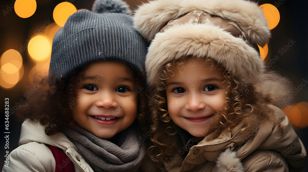 Portrait of two happy little girls in winter costume enjoying christmas and holiday. Concept of family and holiday Portrait of two happy little girls in winter costume enjoying christmas and holiday. Concept of family and holiday