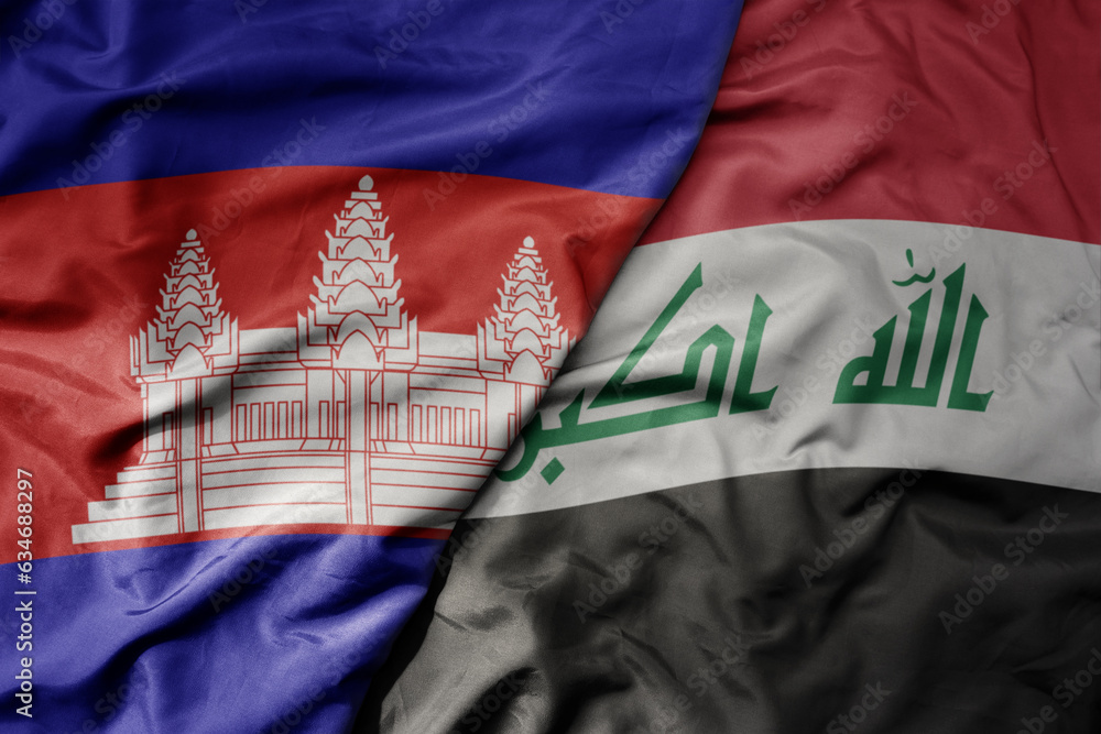 big waving realistic national colorful flag of cambodia and national flag of iraq .