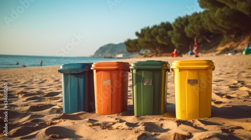 Trash bins on the sandy beach for waste separation