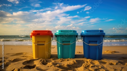 Trash bins on the sandy beach for waste separation