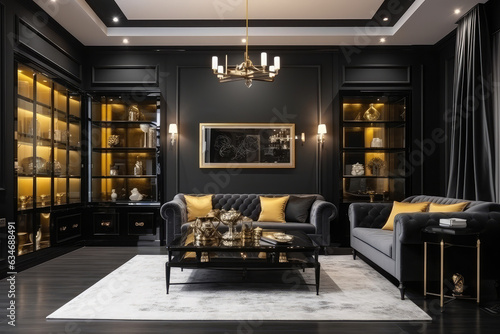Perspective of the Living room interior with luxurious black and gold tones