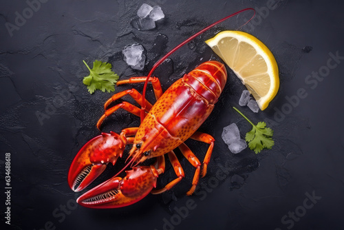 Top view of whole red lobster with ice and lemon on a dark background