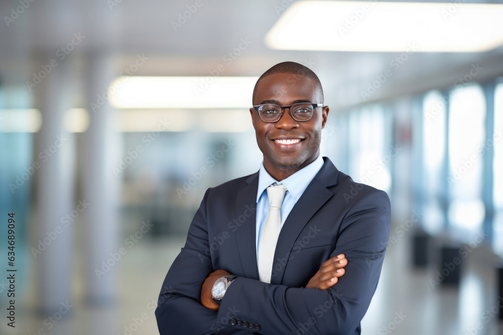 portrait of a confident smiling african business man on a bright abstract office background portrait of a confident smiling african business man on a bright abstract office background