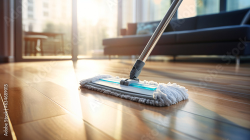 Wallpaper Mural Mopping the floor with a mop and cleaning foam. Cleaning tools on a parquet background. Close-up.

Generative AI. Torontodigital.ca