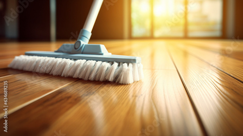 Mopping the floor with a mop and cleaning foam. Cleaning tools on a parquet background. Close-up.Generative AI.