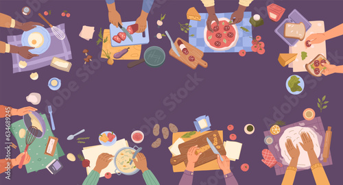 Cooking dinner, breakfast or lunch, hands preparing food, soup, pizza and vegetables flat cartoon vector illustration. Kitchen cooking utensils, frying eggs and making dough, baking processes