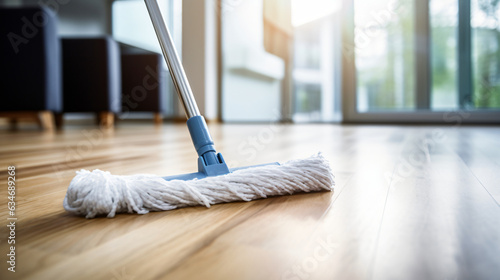 Wallpaper Mural Mopping the floor with a mop and cleaning foam. Cleaning tools on a parquet background. Close-up.

Generative AI. Torontodigital.ca