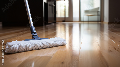 Mopping the floor with a mop and cleaning foam. Cleaning tools on a parquet background. Close-up.Generative AI.