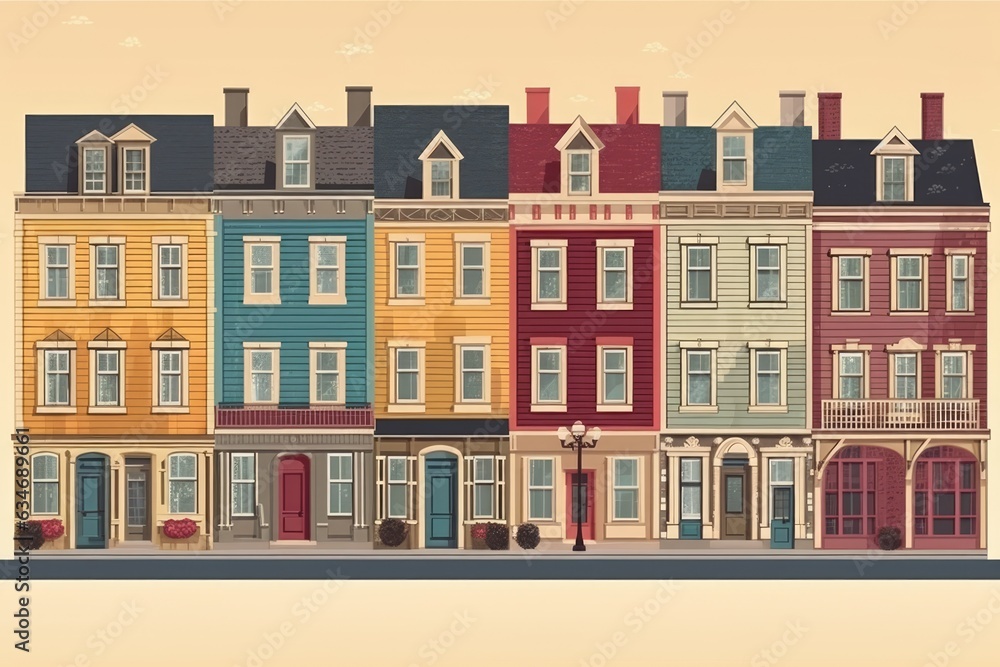 colorful row of buildings, city salem town houses street city house design illustration