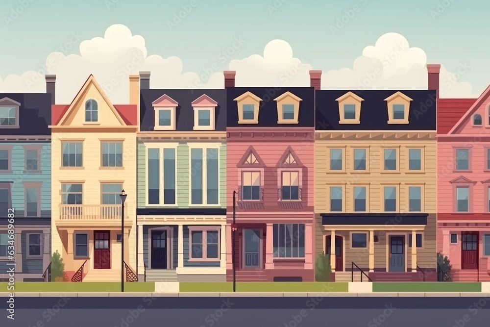 colorful row of buildings, city salem town houses street city house design illustration