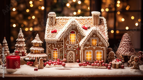 Christmas gingerbread house decoration on dark background of defocused golden lights. Hand decorated.