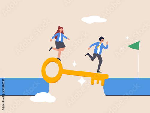 Resolution method or resolve concept. Key success, solution to solve problem and overcome obstacle, link or connect bridge to help achieve success, business people walk on key success cross the gap.