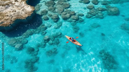 An aerial view of the woman kayaking along the crystal-clear waters of the Maldives, immersing herself in paradise 