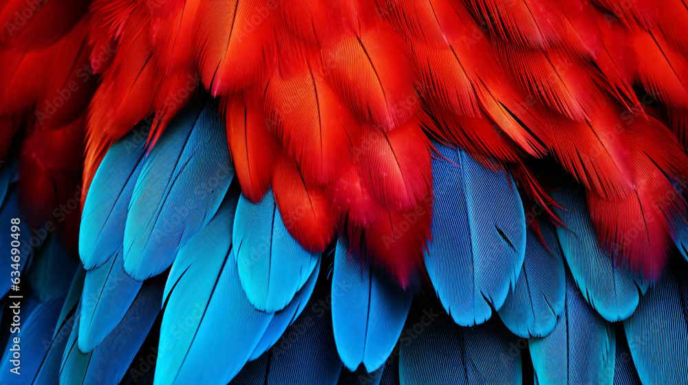 Obraz premium Closeup of a vibrant parrot. Background of parrot feathers showcasing a red and blue exotic texture. Generative AI.