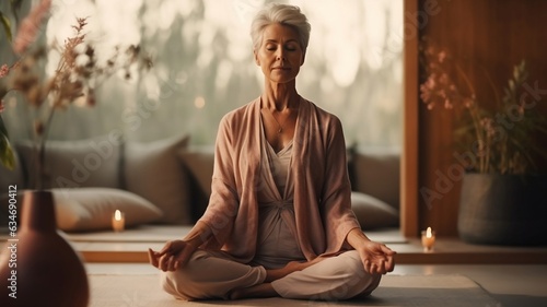 Mature woman in peach fuzz pajamas meditating in lotus pose at home