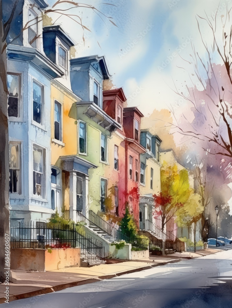 Autumn vibrant town, city street with different colored buildings, Watercolor illustration
