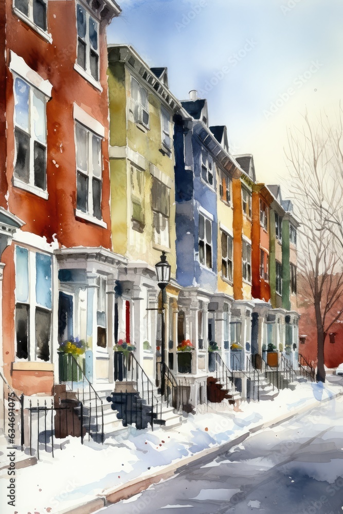Winter vibrant town, city street with different colored buildings, Watercolor illustration