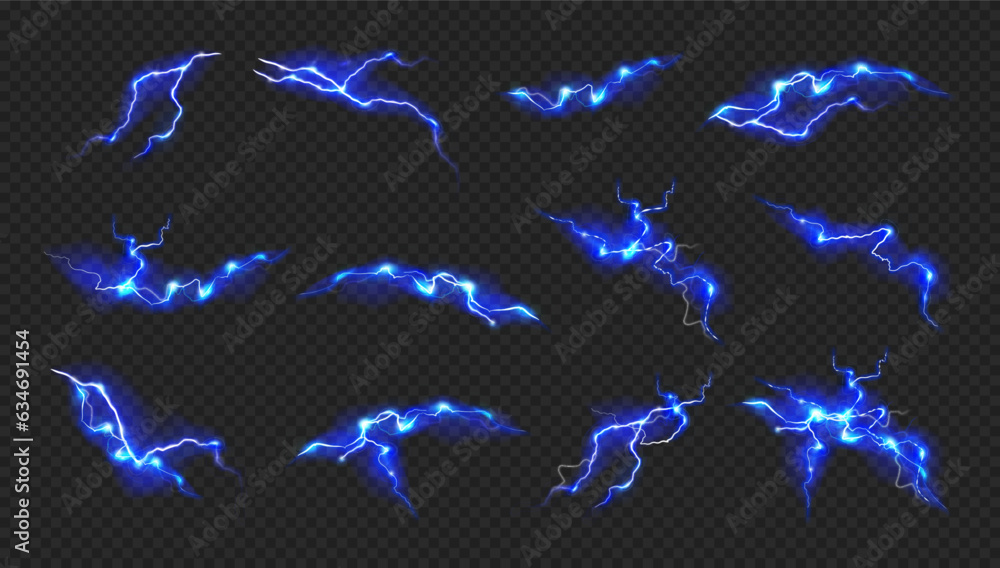 Lightning and thunderbolts with electric discharge, realistic illustration collection. Isolated blue sparks of energy, bright bolts effects. Plasma or strike with powerful voltages