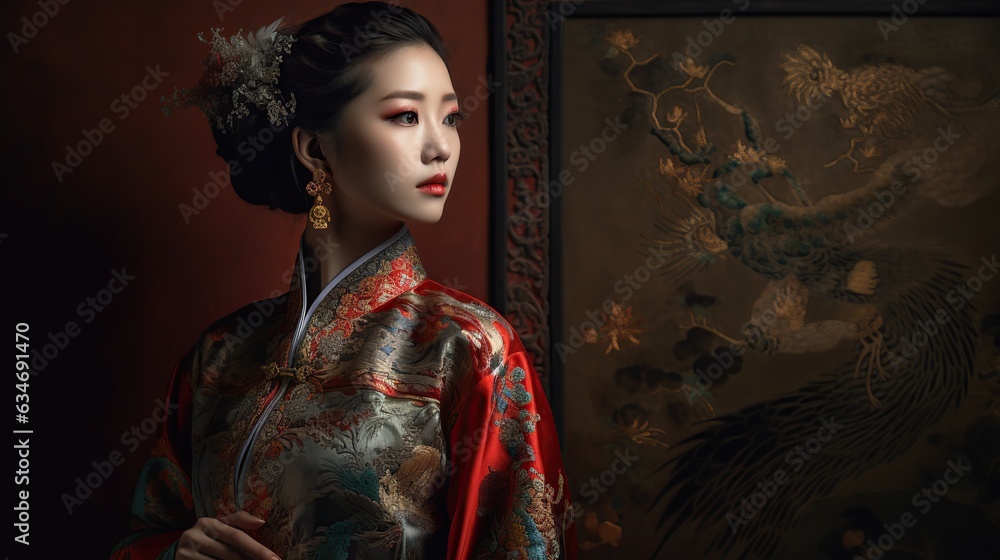Asian woman in traditional kimono on dark background. Asian woman in traditional kimono on dark background.