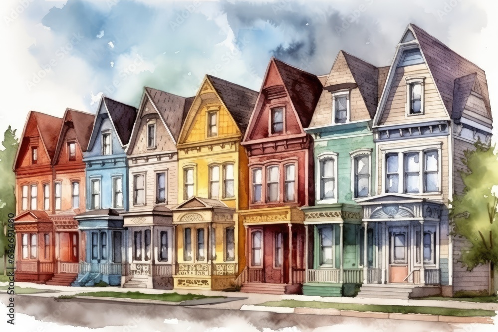 vibrant town, city street with different colored buildings, Watercolor illustration